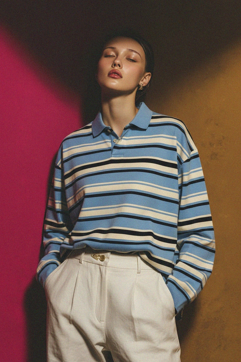 Relaxed Fit Striped Long Sleeve Polo Shirt photo 3