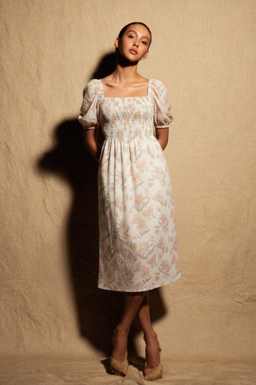 Floral Smocked Midi Dress with Puff Sleeves photo 3