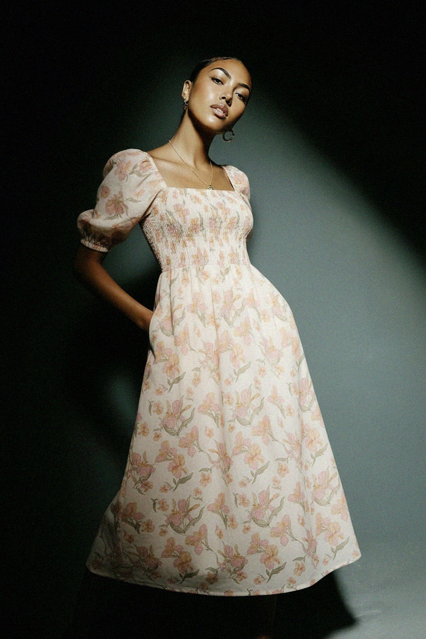 Floral Smocked Midi Dress with Puff Sleeves photo 4