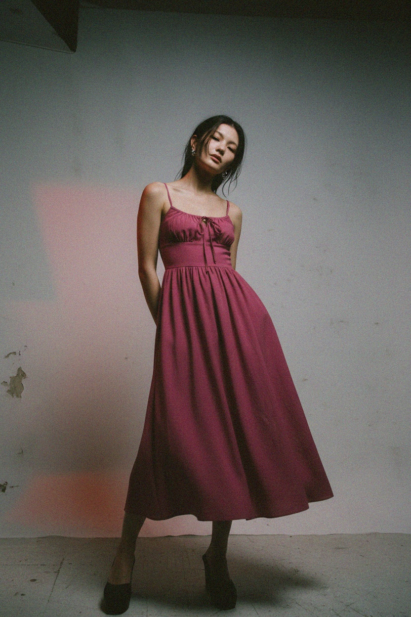 Magenta Tie-Front Midi Dress with Flowy Skirt photo 2