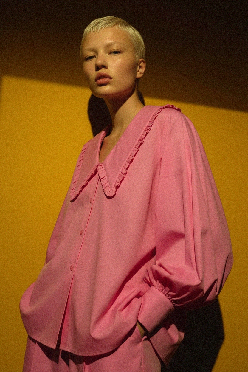 Pink Oversize Blouse with Ruffled Collar photo 3
