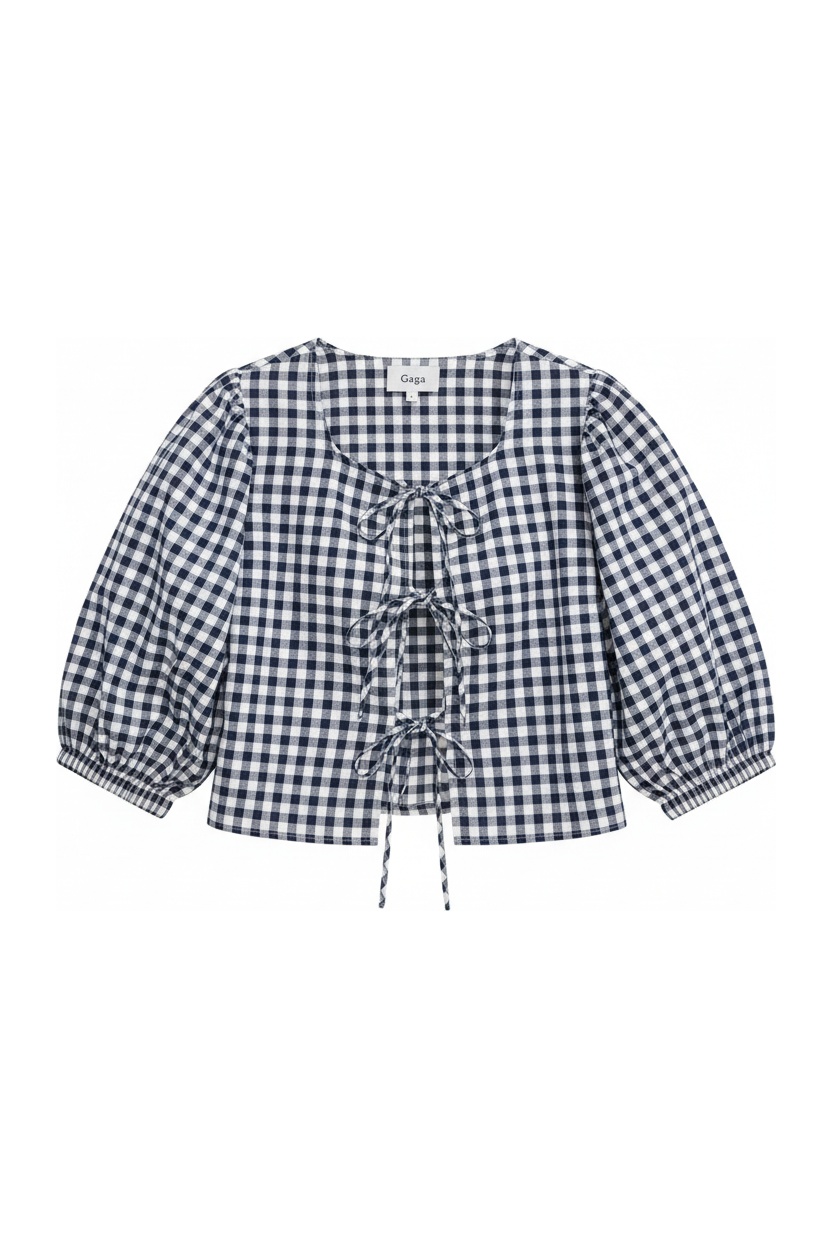 Gingham Puffed Sleeve Tie-Front Cropped Blouse photo 1