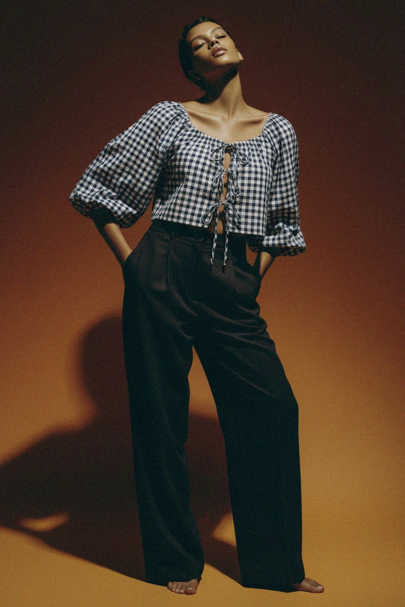 Gingham Puffed Sleeve Tie-Front Cropped Blouse photo 3