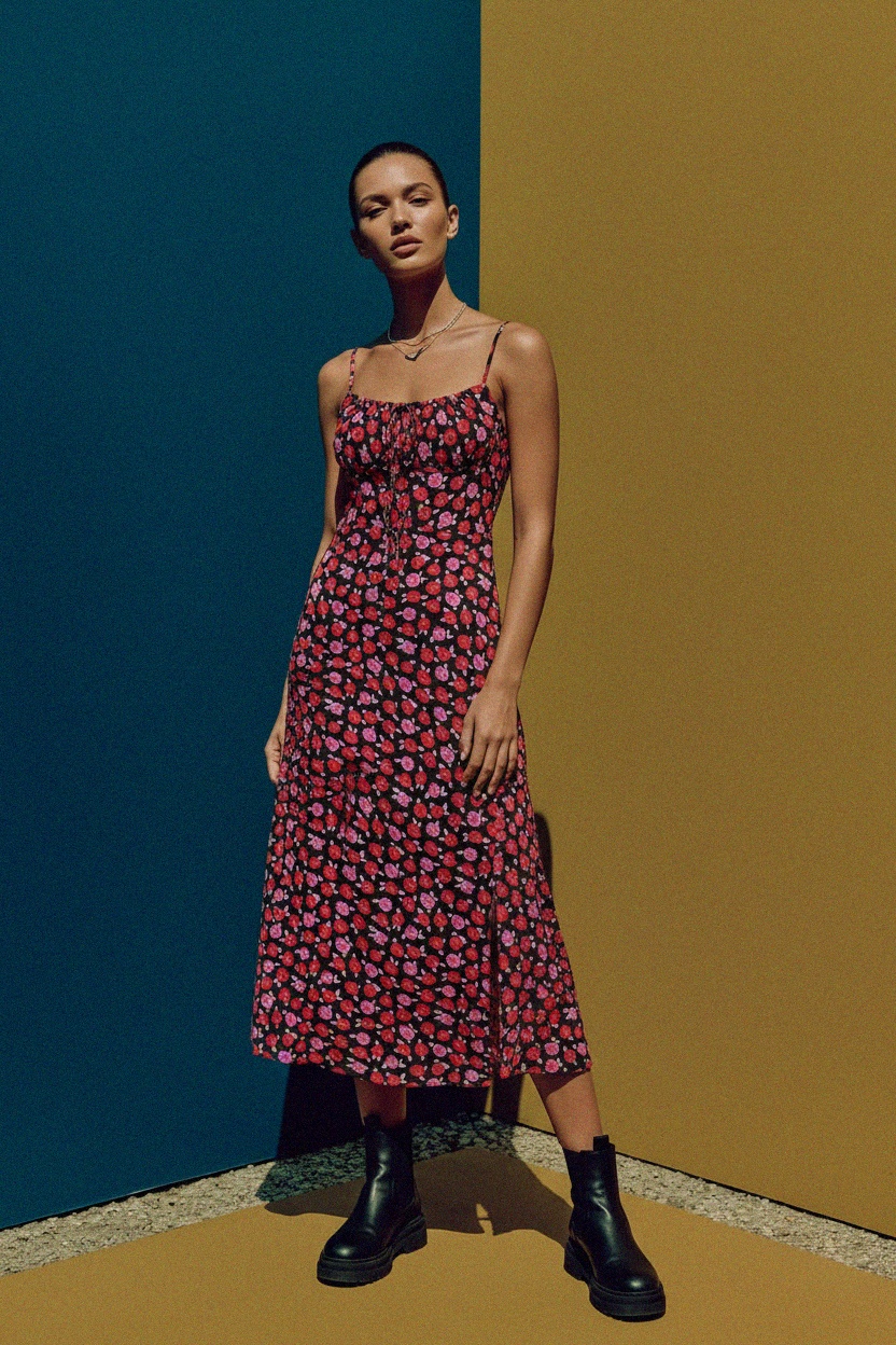 Rose Print Midi Dress with Adjustable Straps photo 2