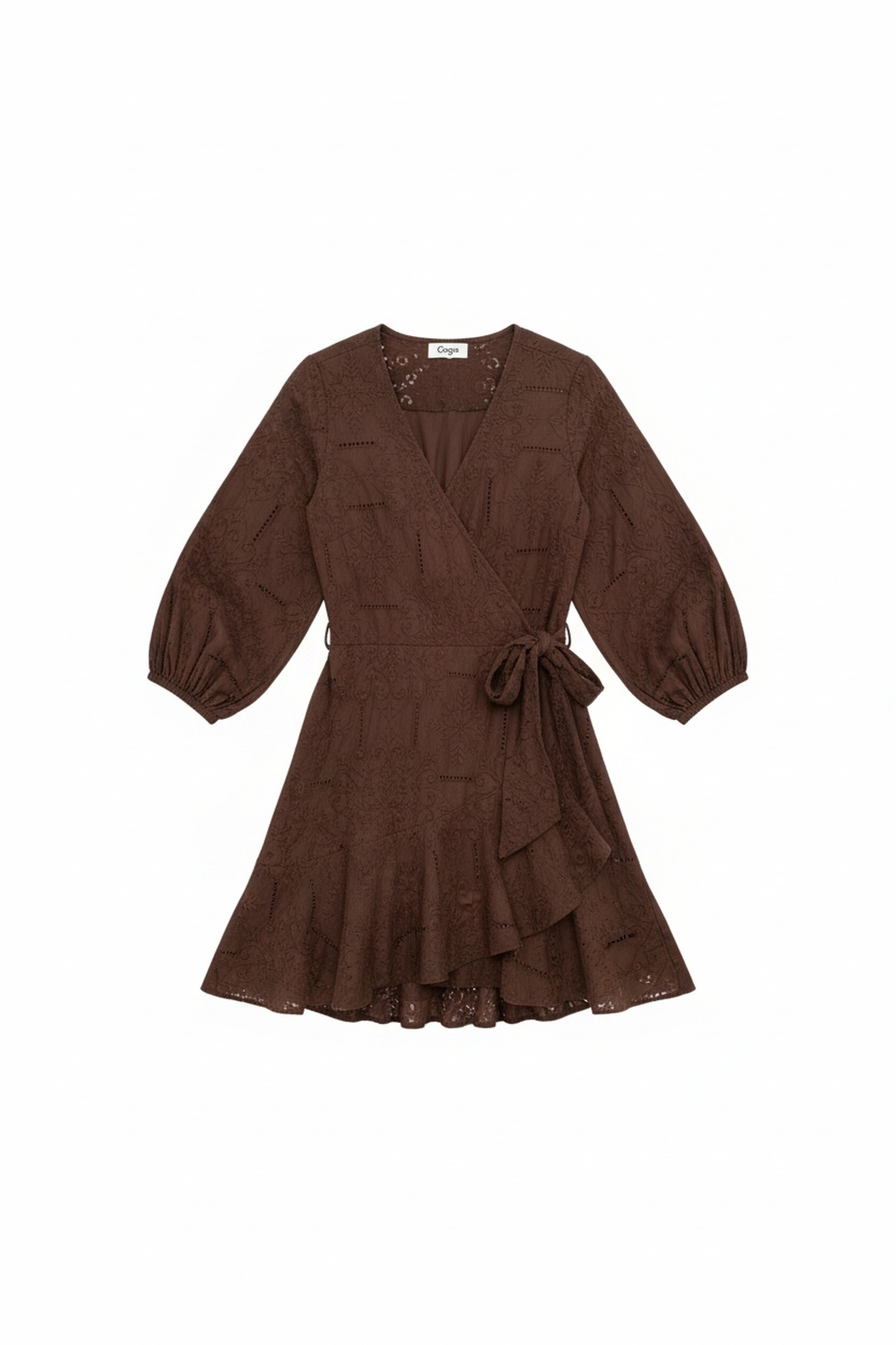 Brown Eyelet Embroidered Wrap Mini Dress photo 1