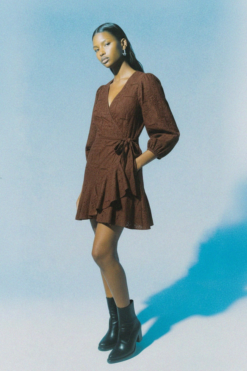 Brown Eyelet Embroidered Wrap Mini Dress photo 4