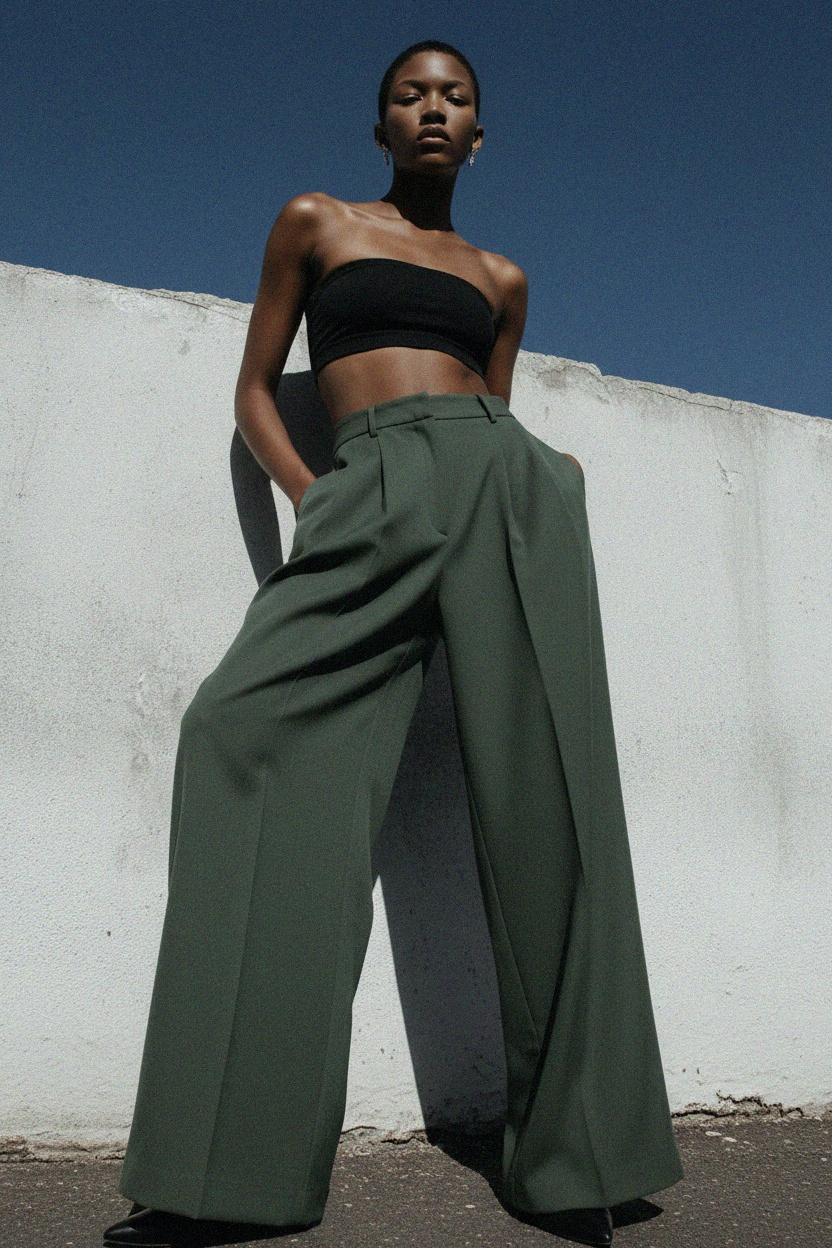 Chic Green Wide-Leg Pleated Pants photo 2