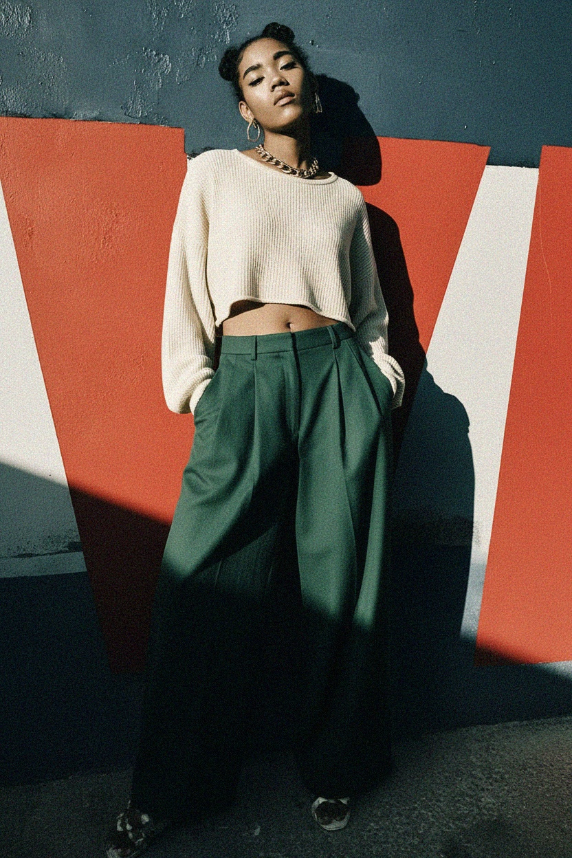Chic Green Wide-Leg Pleated Pants photo 3