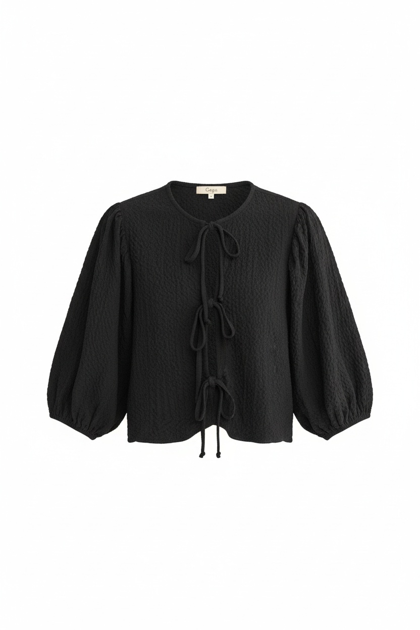 Black Textured Tie-Front Blouse with Voluminous Sleeves photo 1