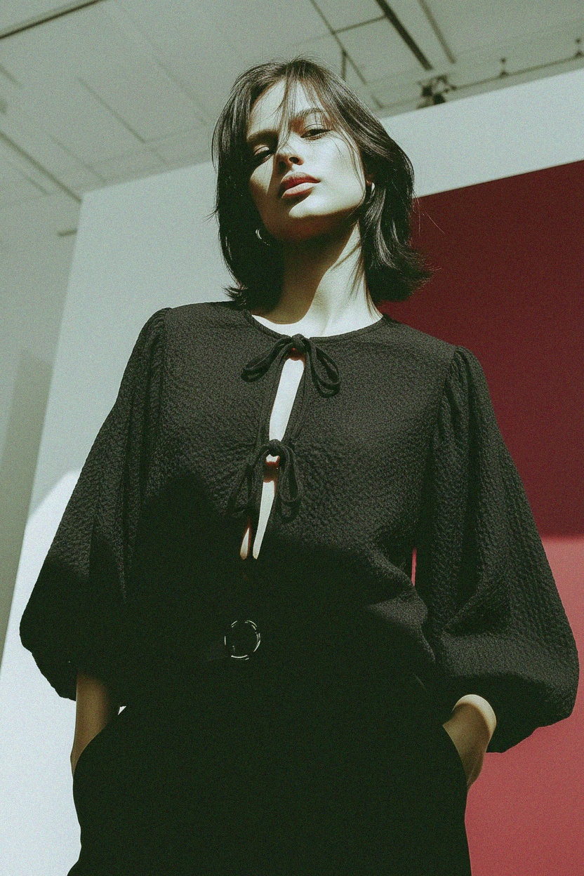 Black Textured Tie-Front Blouse with Voluminous Sleeves photo 3