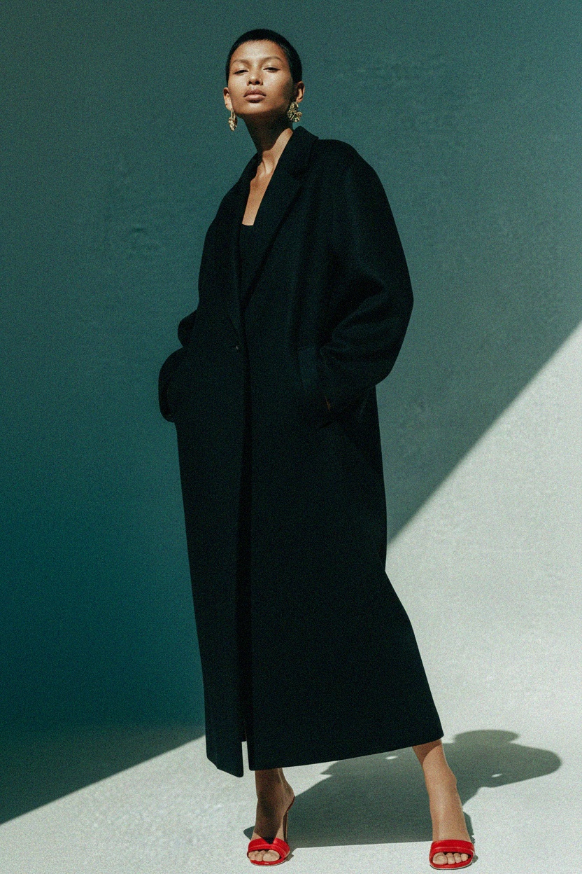 Classic Long Black Coat with Relaxed Fit photo 3