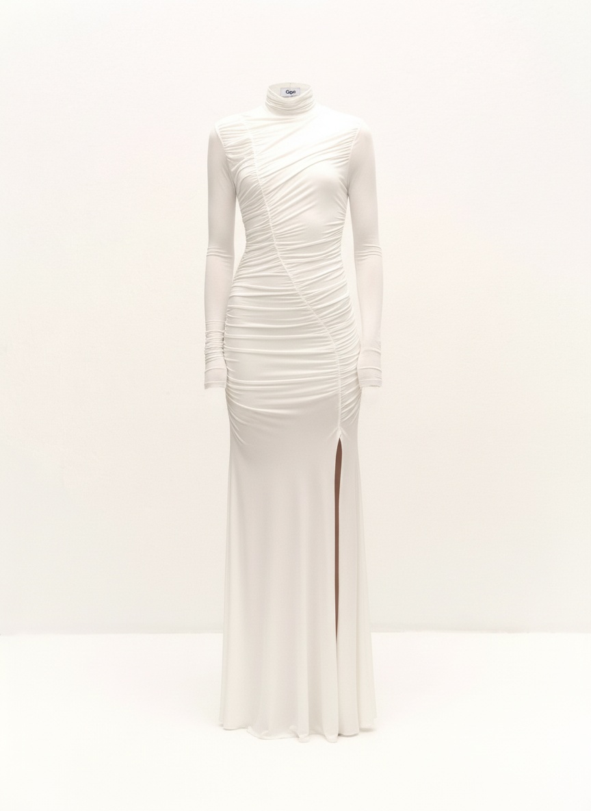 Elegant White Ruched Long Sleeve Maxi Dress photo 1