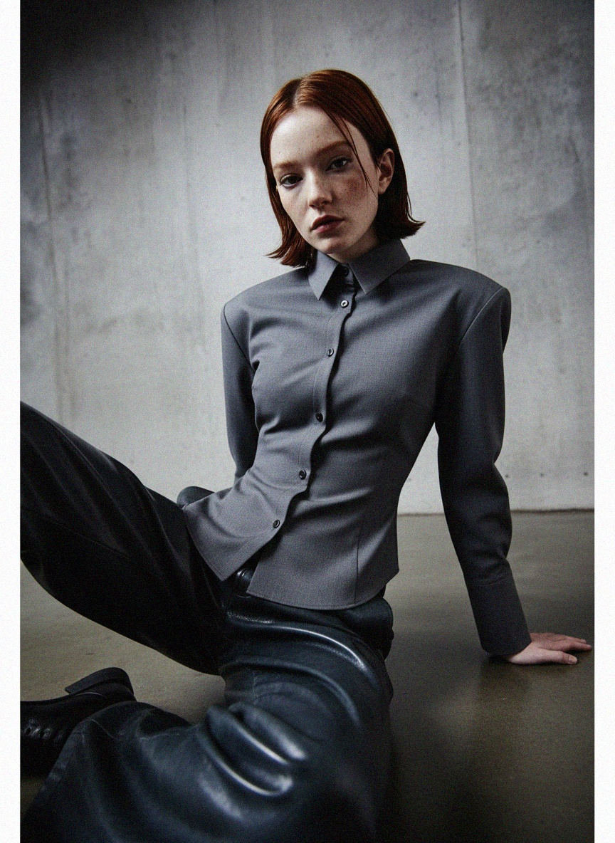 Structured Grey Collared Button-Up Shirt photo 3