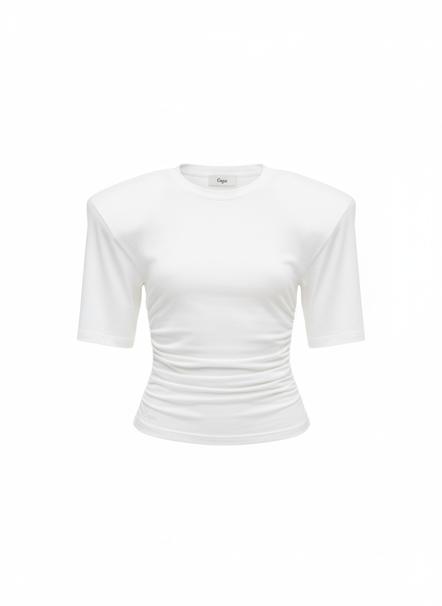 White Ruched T-shirt with Structured Shoulders photo 1