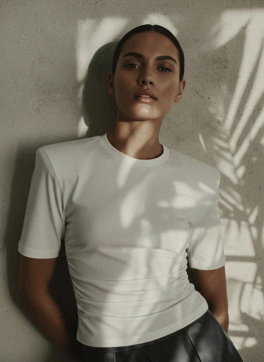 White Ruched T-shirt with Structured Shoulders photo 3