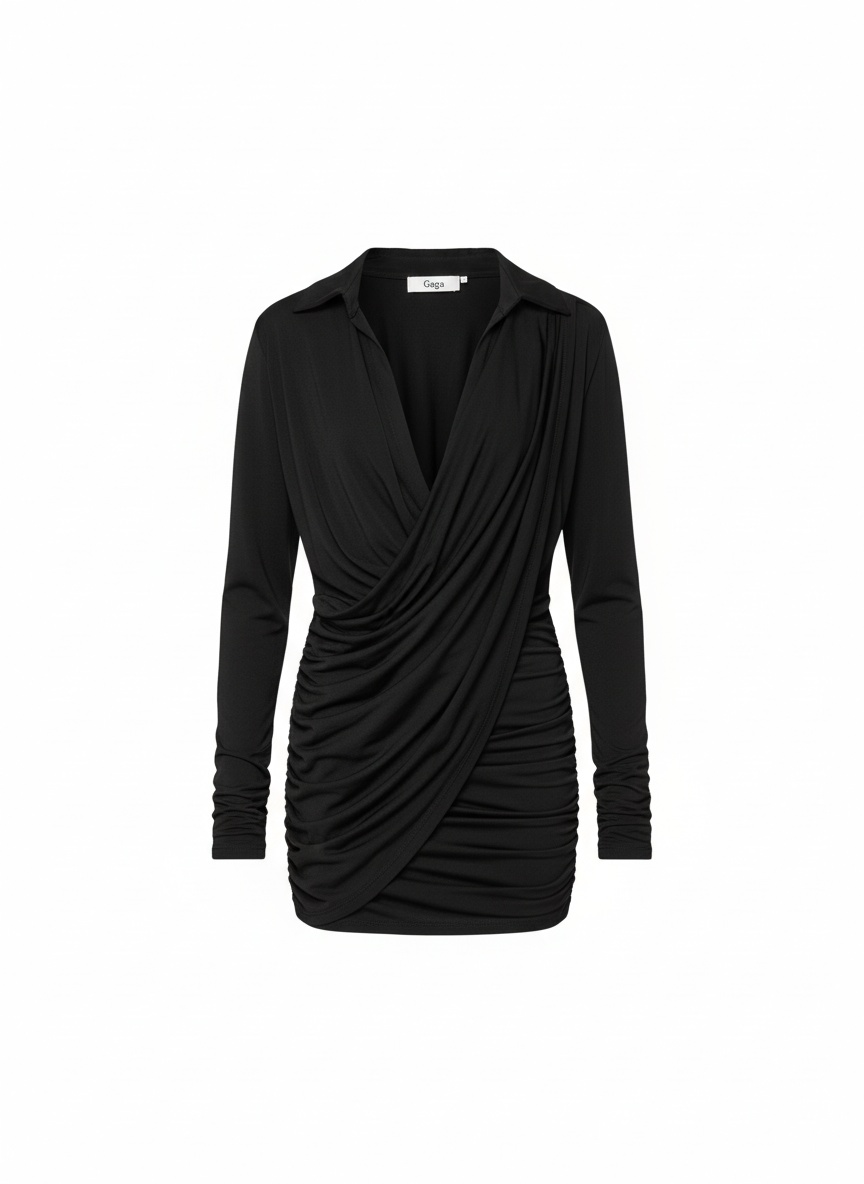 Black Draped Ruched Long Sleeve Mini Dress photo 1
