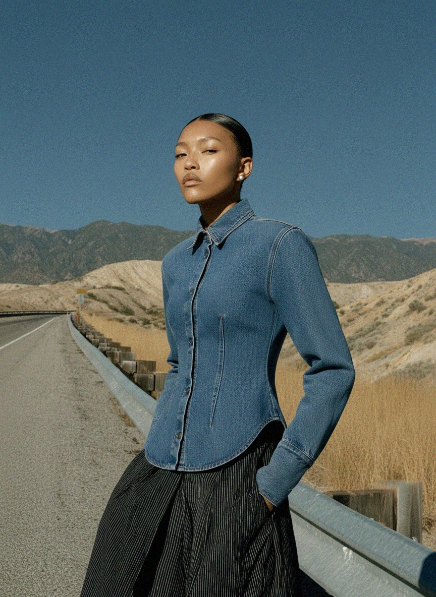 Structured Denim Shirt with Fitted Waist & Curved Hem photo 3