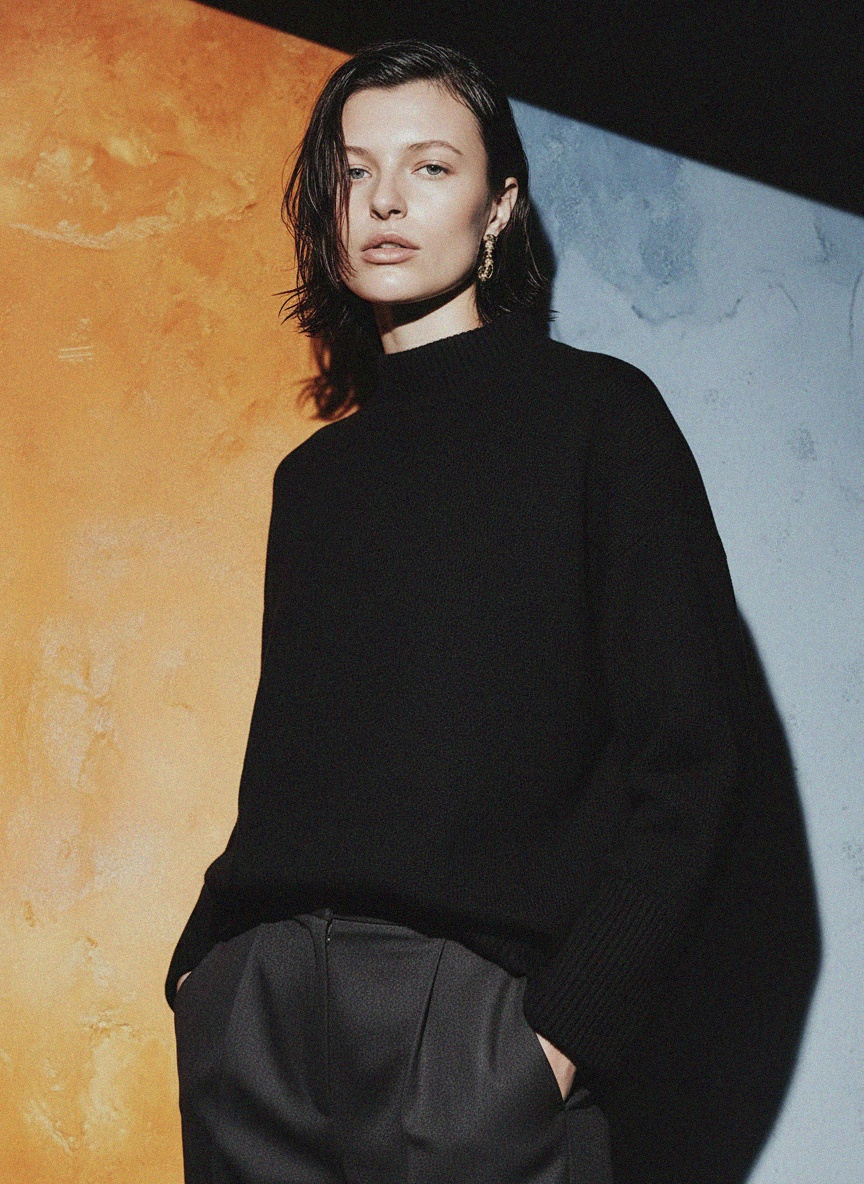 Black Oversized Knit Sweater with High Neck photo 2