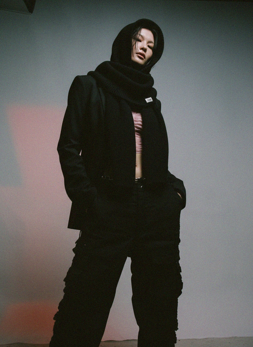 Black Knitted Hooded Scarf photo 2