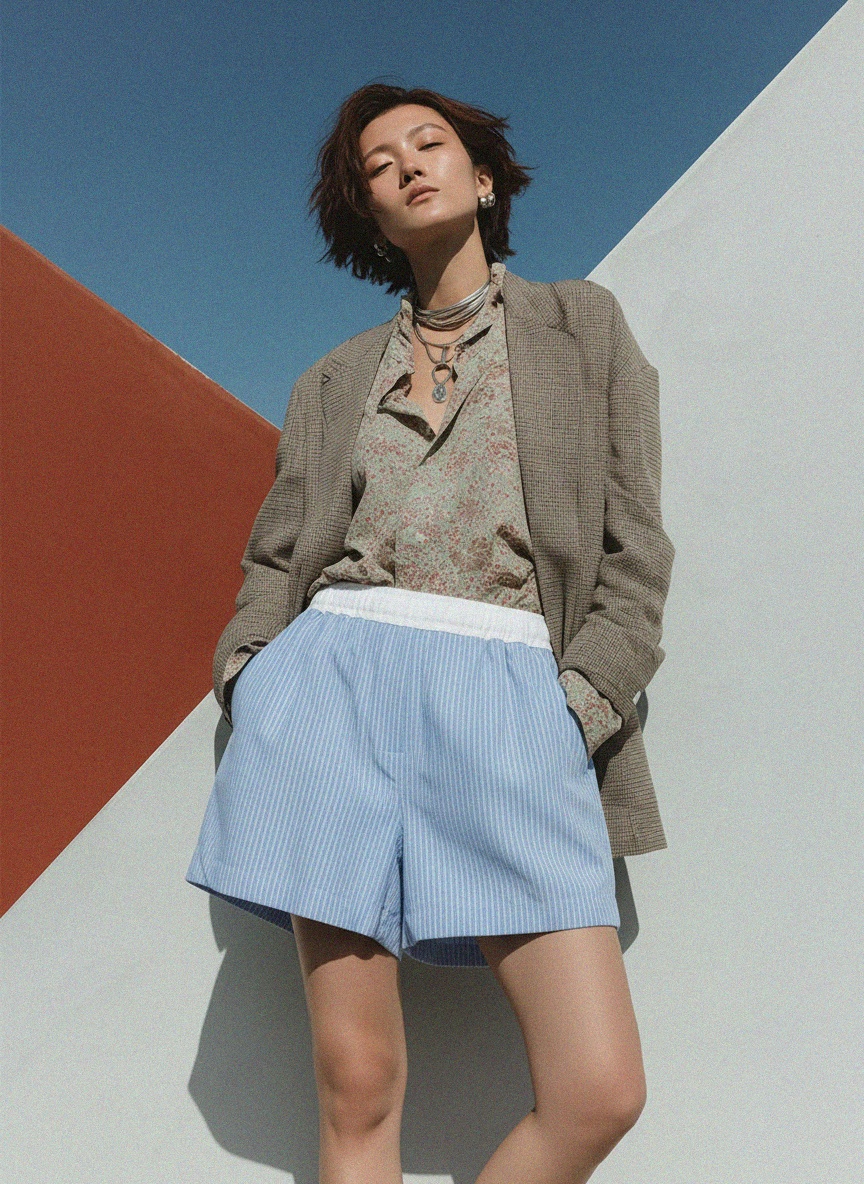 Blue Pinstripe Relaxed Fit Shorts photo 3