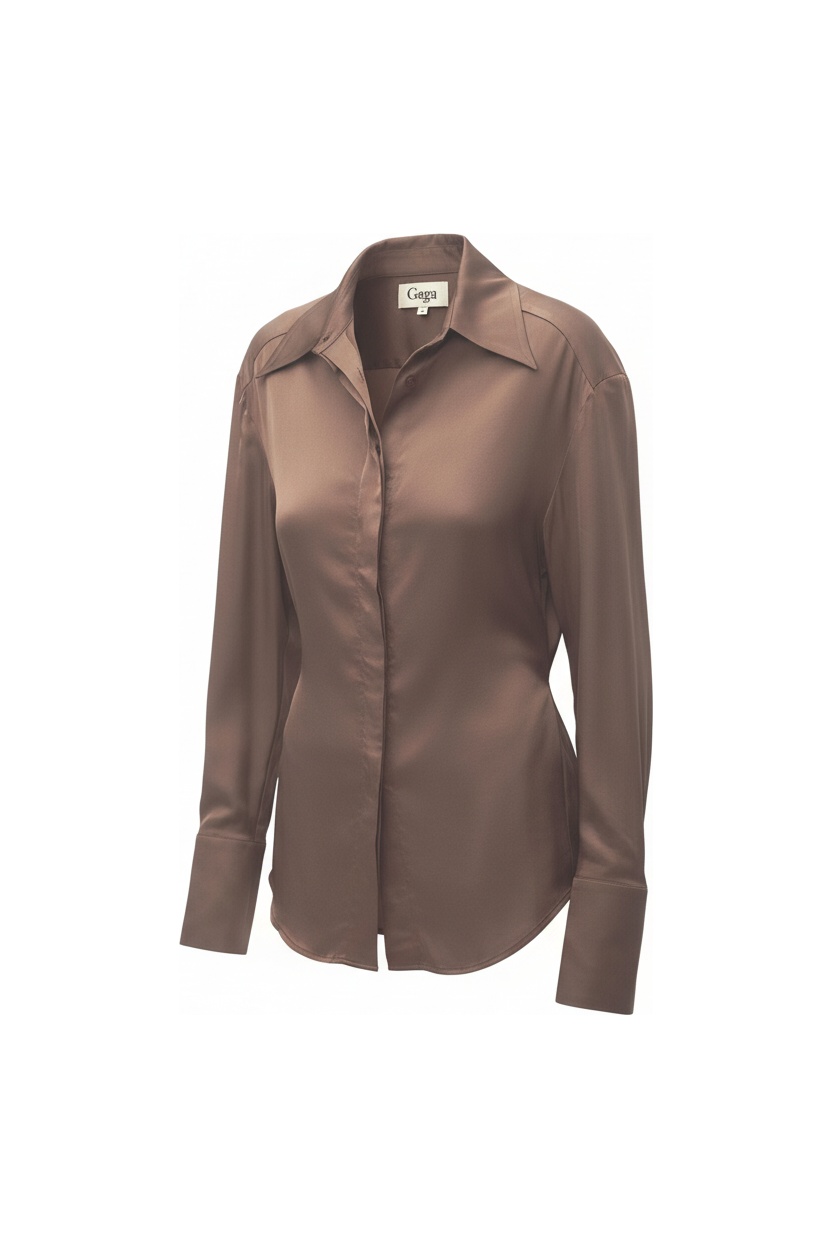 Elegant Brown Satin-Finish Collared Shirt photo 1