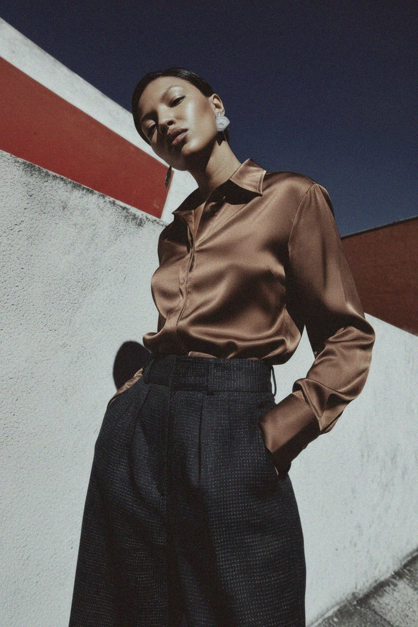 Elegant Brown Satin-Finish Collared Shirt photo 2