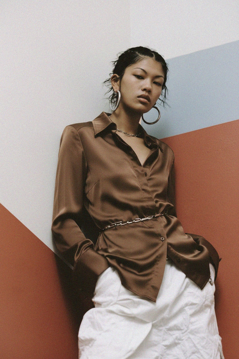 Elegant Brown Satin-Finish Collared Shirt photo 3