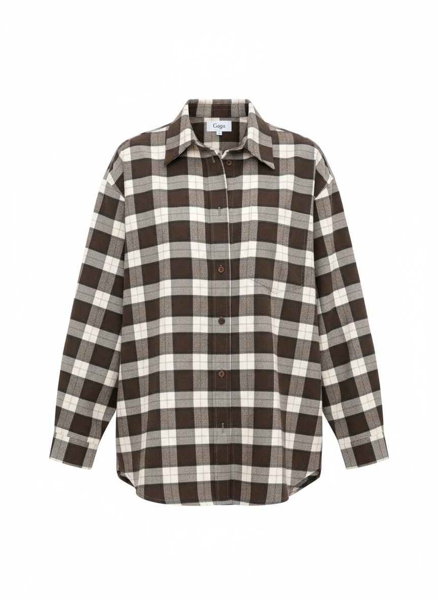 Oversized Brown & White Plaid Button-Up Shirt photo 1