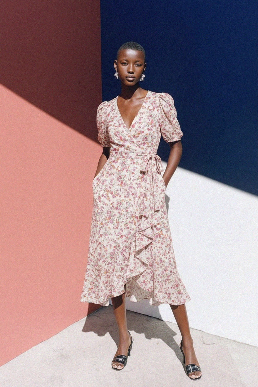 Floral Wrap Midi Dress with Ruffle Detail photo 3