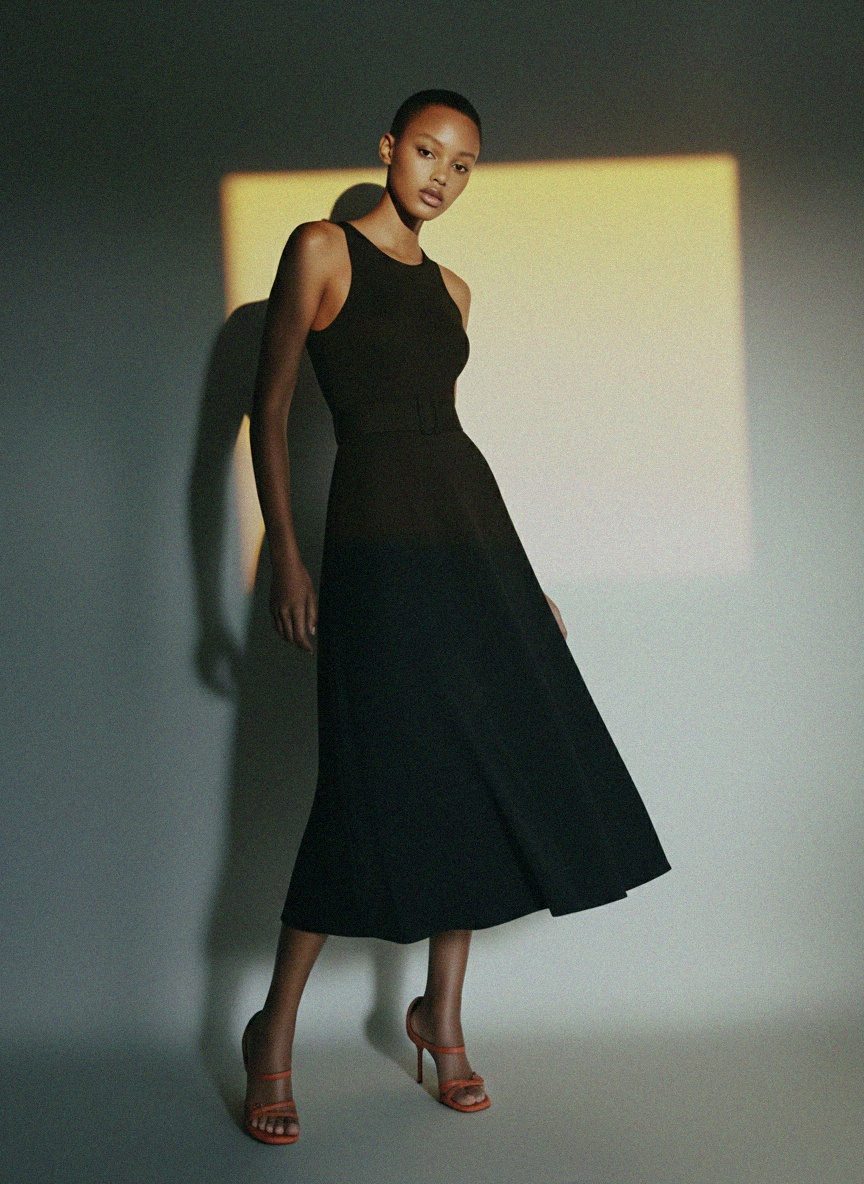 Chic Black Sleeveless Midi Dress with Belt Detail photo 3