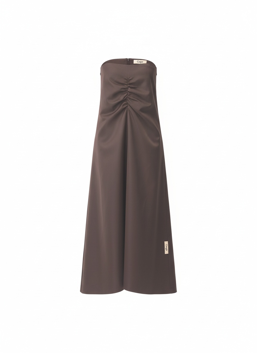 Brown Strapless Ruched Midi Dress photo 1