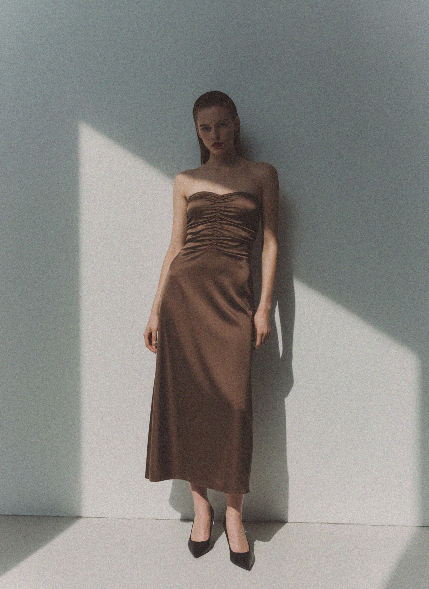 Brown Strapless Ruched Midi Dress photo 2