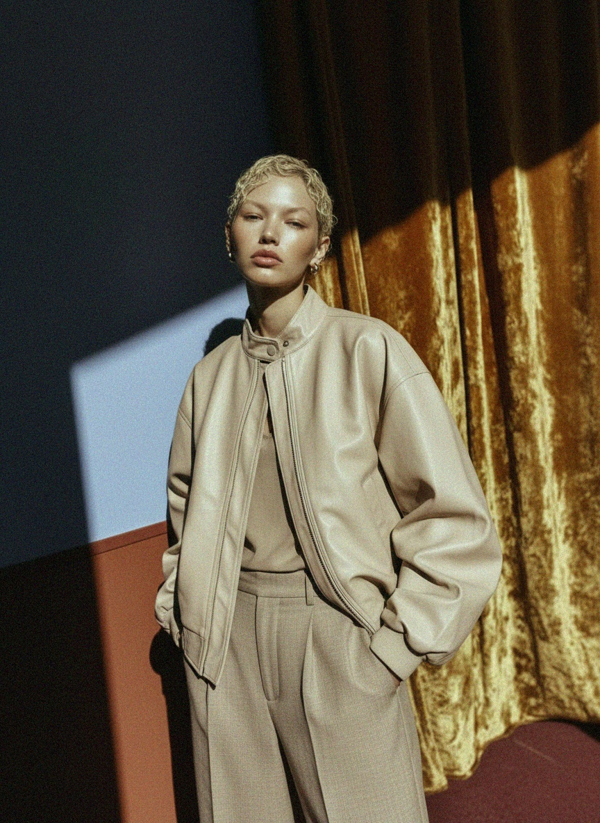 Beige Faux Leather Oversized Bomber Jacket photo 2