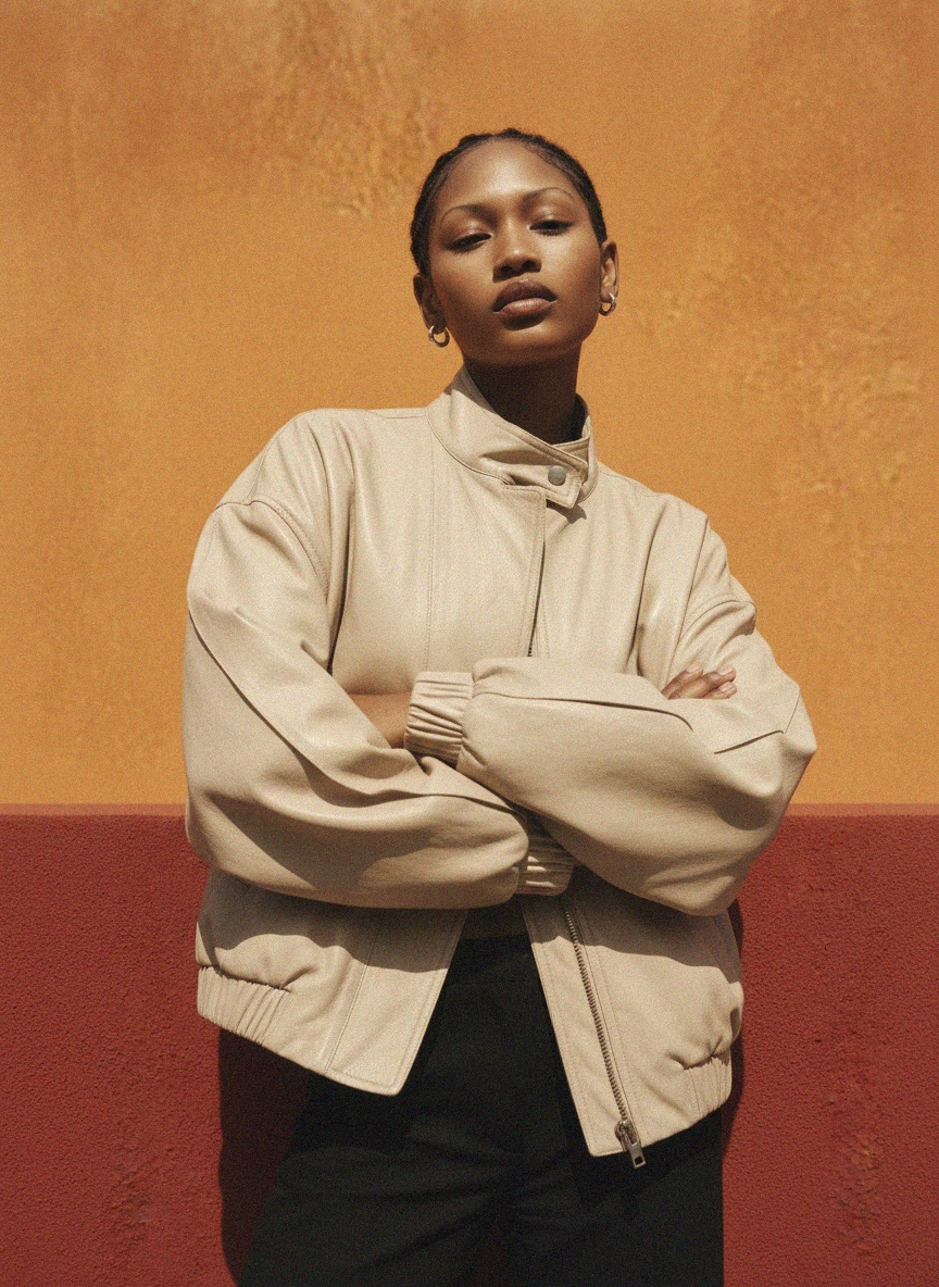 Beige Faux Leather Oversized Bomber Jacket photo 3