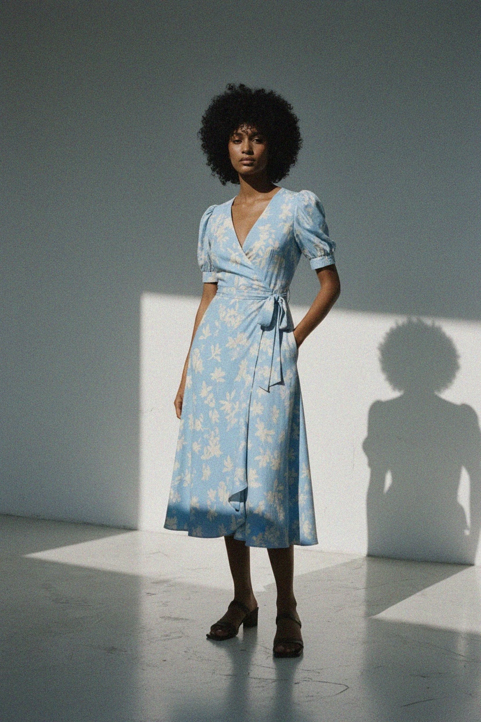 Blue Floral Wrap Midi Dress with Puff Sleeves photo 2