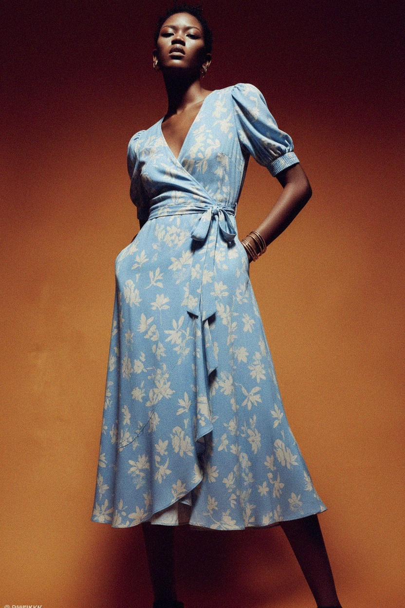 Blue Floral Wrap Midi Dress with Puff Sleeves photo 3