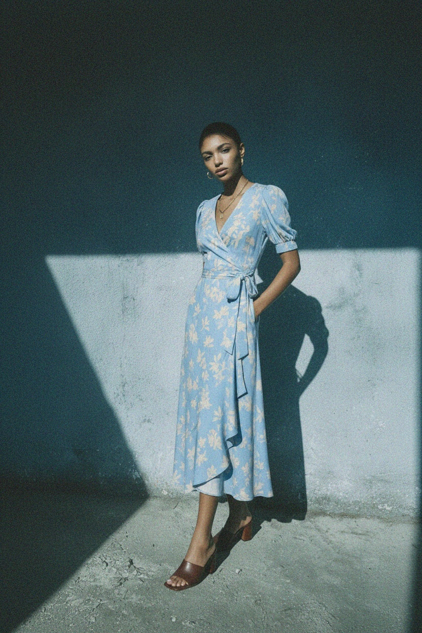 Blue Floral Wrap Midi Dress with Puff Sleeves photo 4