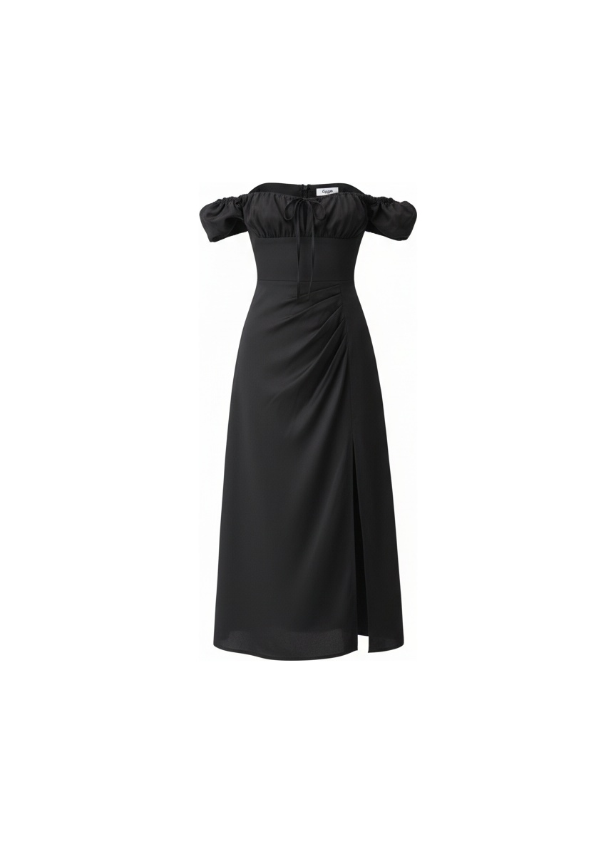 Elegant Black Off-Shoulder Midi Dress with Slit photo 1