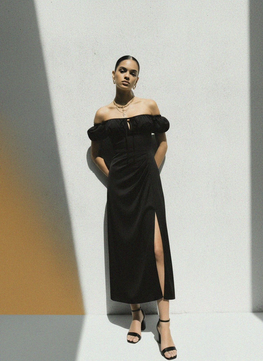 Elegant Black Off-Shoulder Midi Dress with Slit photo 2
