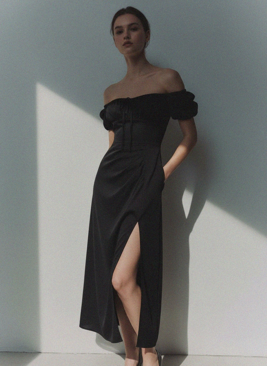 Elegant Black Off-Shoulder Midi Dress with Slit photo 3