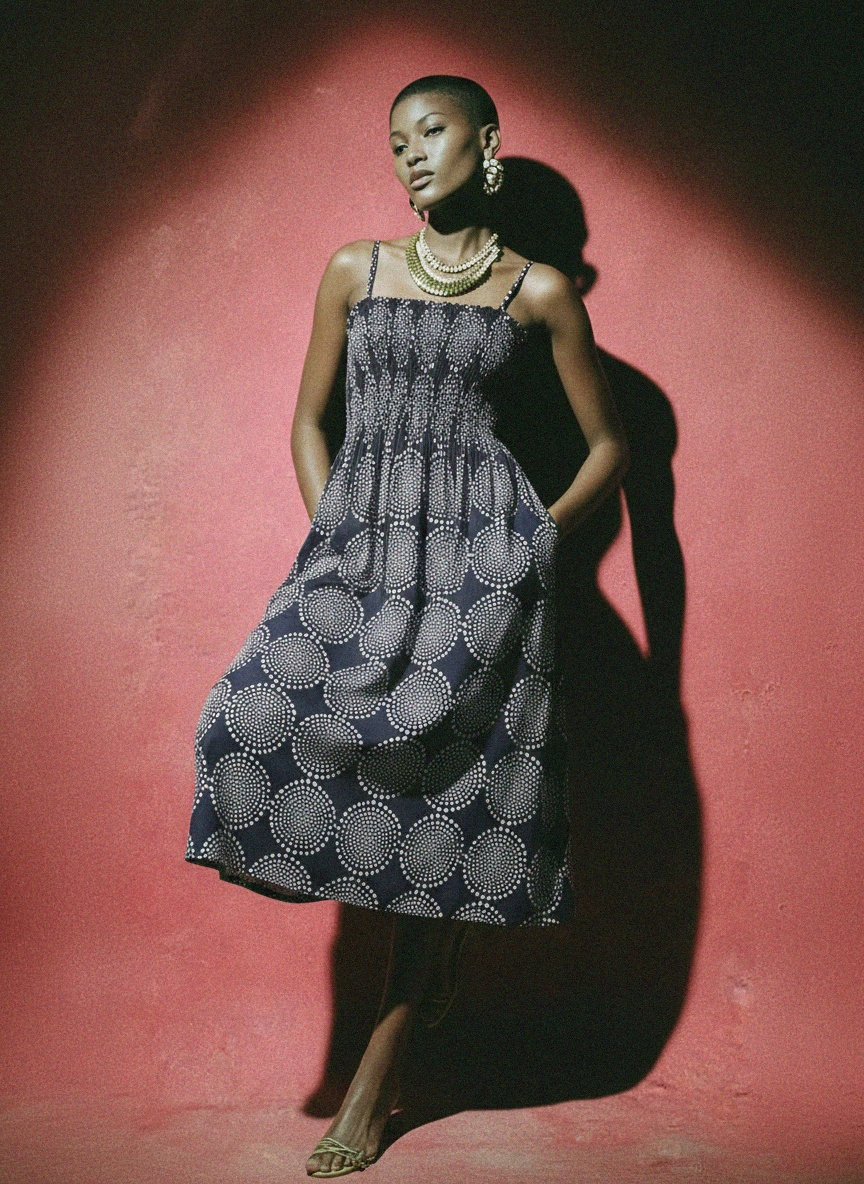 Midi Smocked Dress with White Dot Pattern photo 2