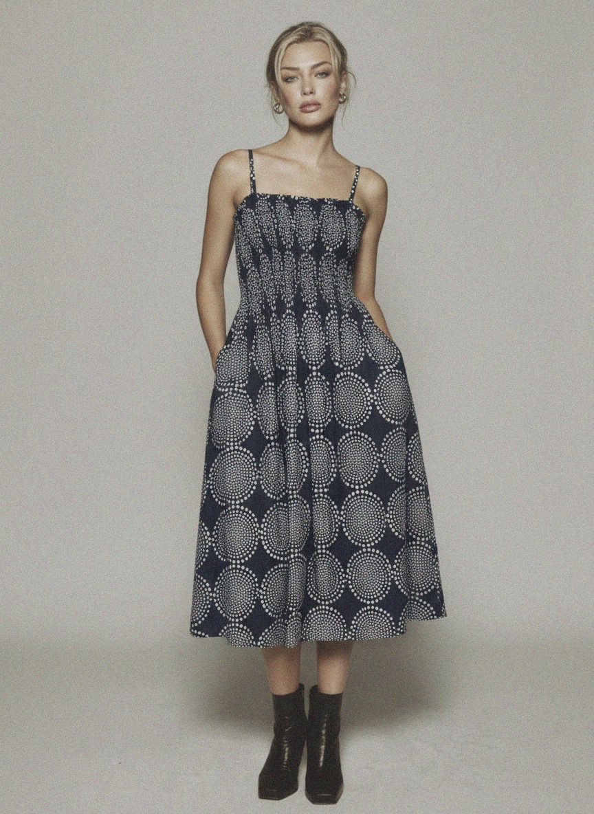 Midi Smocked Dress with White Dot Pattern photo 3