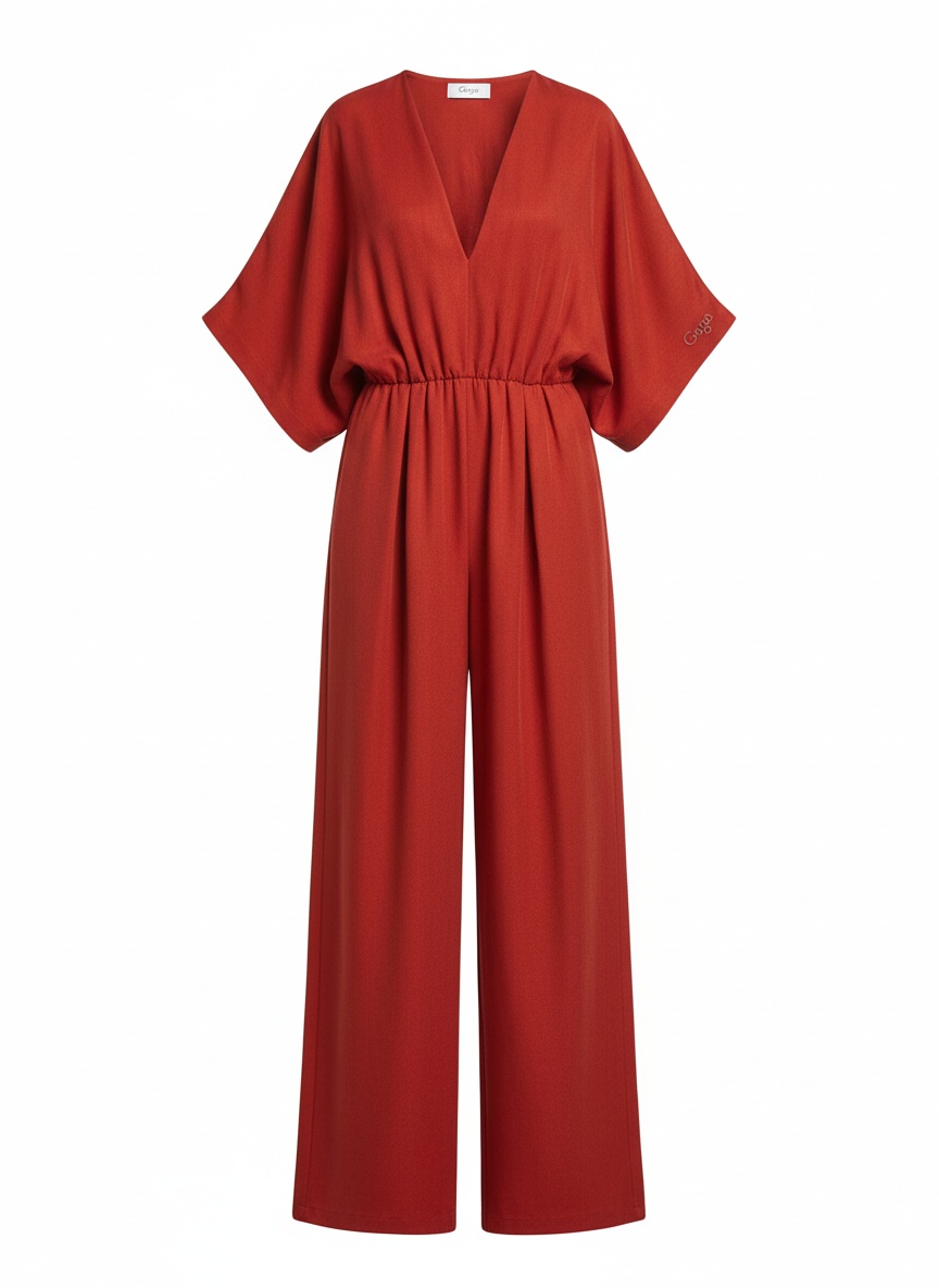 Red Wide-Leg V-Neck Jumpsuit photo 1