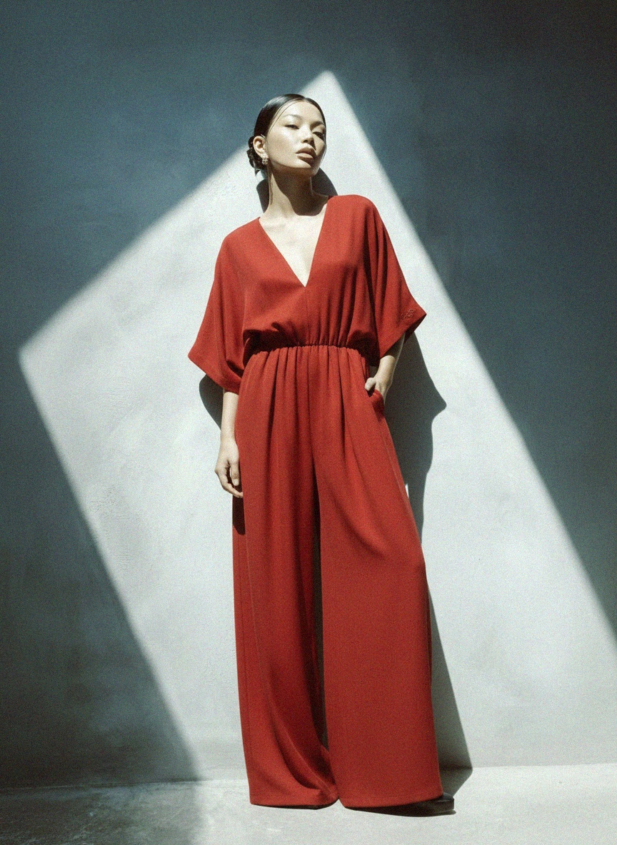 Red Wide-Leg V-Neck Jumpsuit photo 2