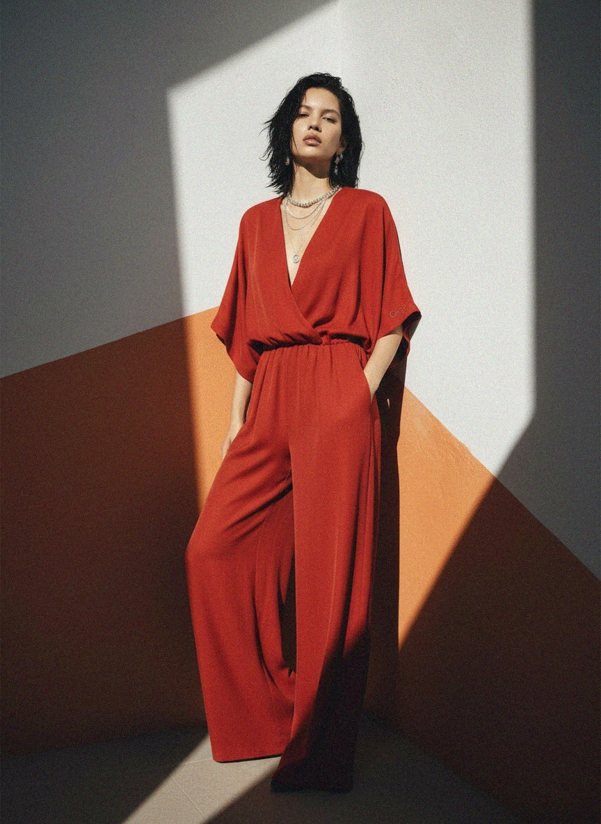 Red Wide-Leg V-Neck Jumpsuit photo 3
