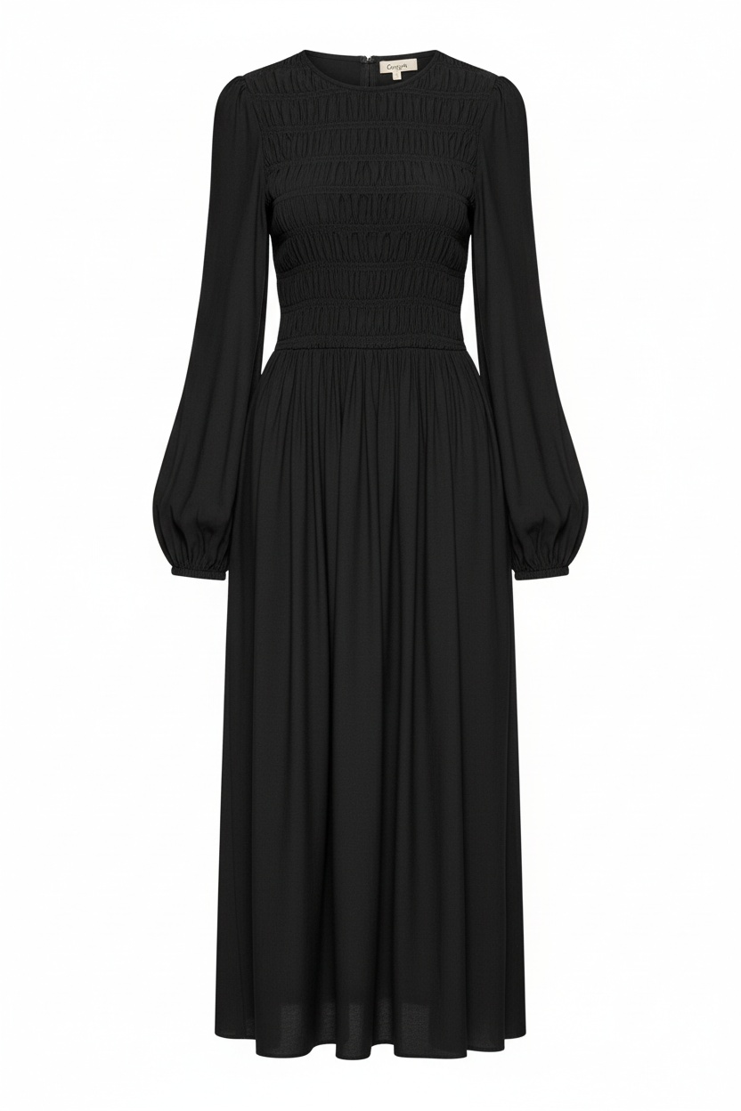 Black Smocked Long Sleeve Midi Dress photo 1