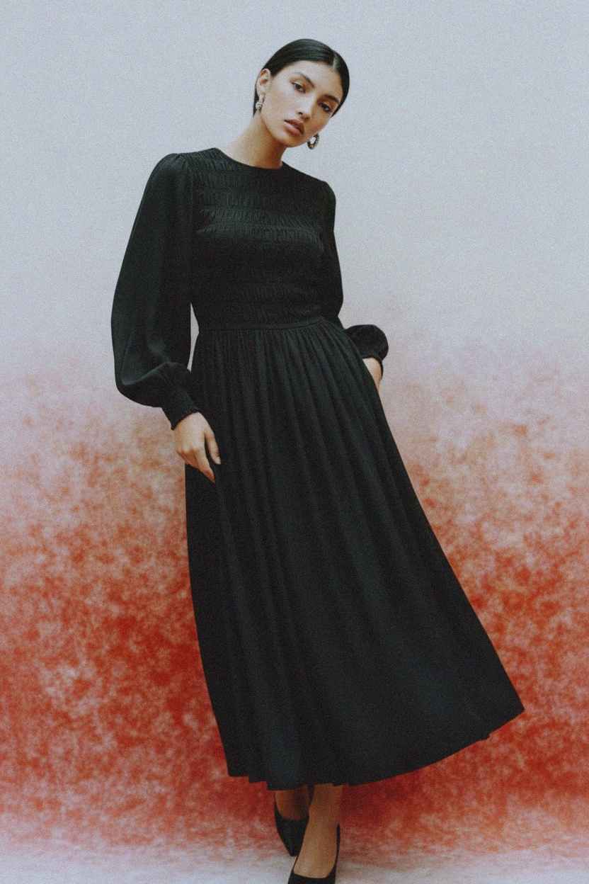 Black Smocked Long Sleeve Midi Dress photo 2