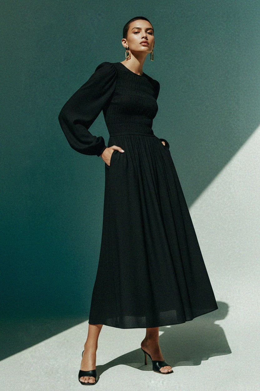 Black Smocked Long Sleeve Midi Dress photo 3