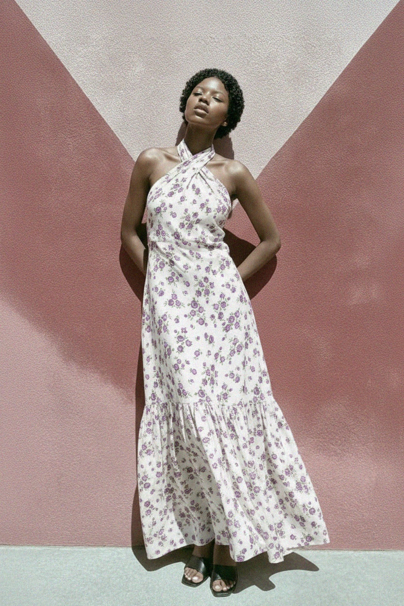 White Floral Halter Neck Maxi Dress photo 3