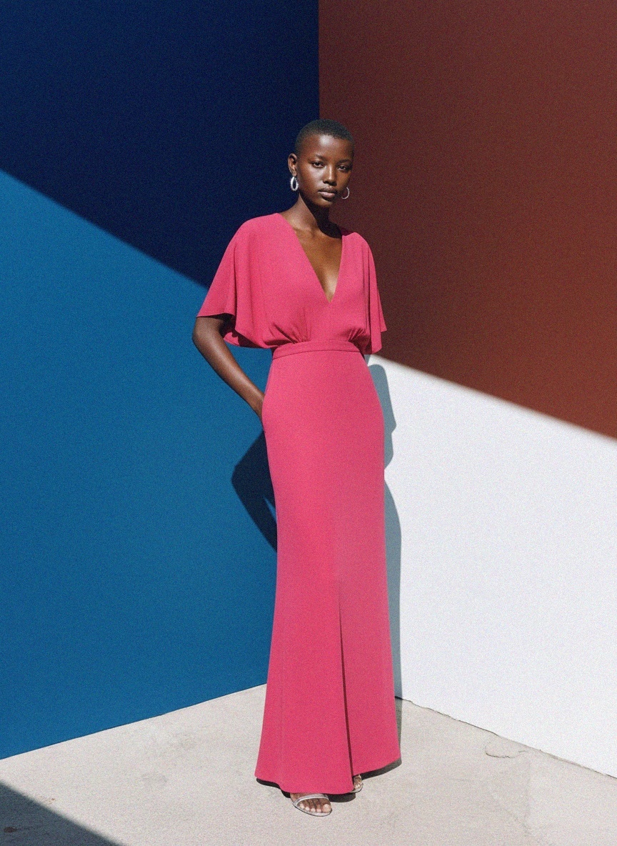 Vibrant Pink Maxi Dress with V-Neck and Dolman Sleeves photo 3